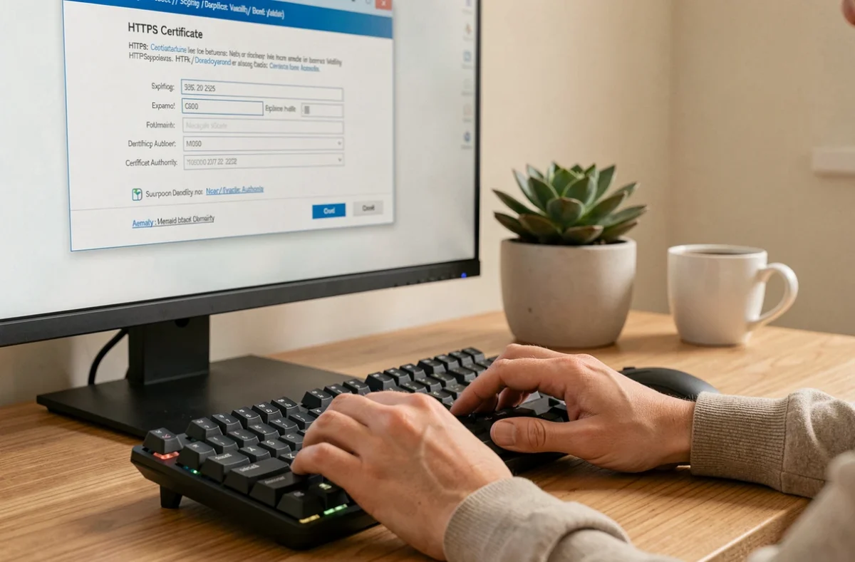 Mains tapant au clavier pendant la vérification de la validité d'un certificat HTTPS affiché sur un écran d'ordinateur de bureau