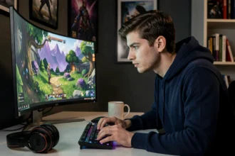 Jeune homme concentré devant son écran de jeu vidéo dans un setup gaming moderne à domicile
