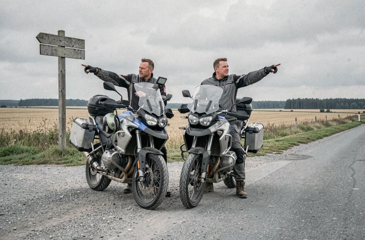 Deux motards en équipement complet s'arrêtent à un carrefour rural pour consulter un GPS et choisir leur route