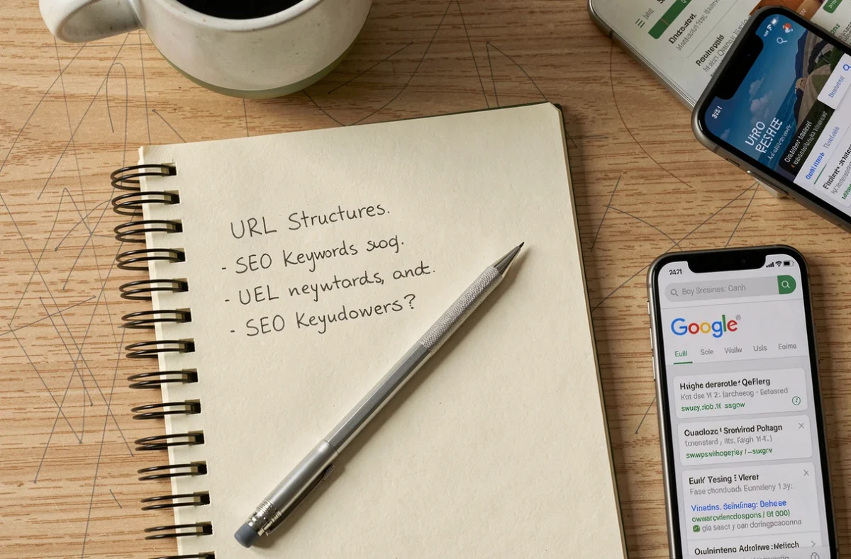 Vue aérienne d'un bureau avec des notes manuscrites sur les URL et le référencement naturel SEO
