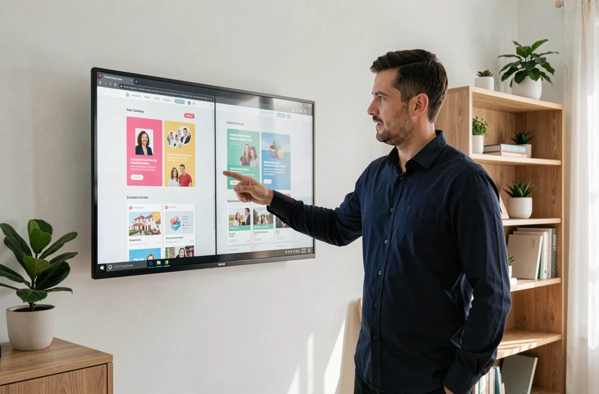 Homme présentant une comparaison entre deux outils de création visuelle en ligne sur un grand écran dans un bureau minimaliste
