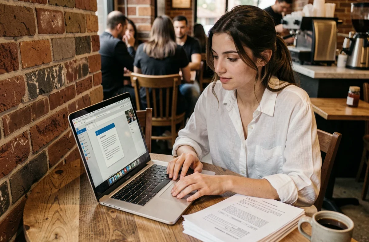 Jeune femme utilisant un outil OCR en ligne dans un café pour rendre un fichier PDF numérique consultable