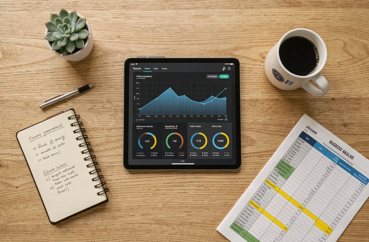 Vue aérienne d'un bureau avec tablette affichant des graphiques de performance et des notes manuscrites