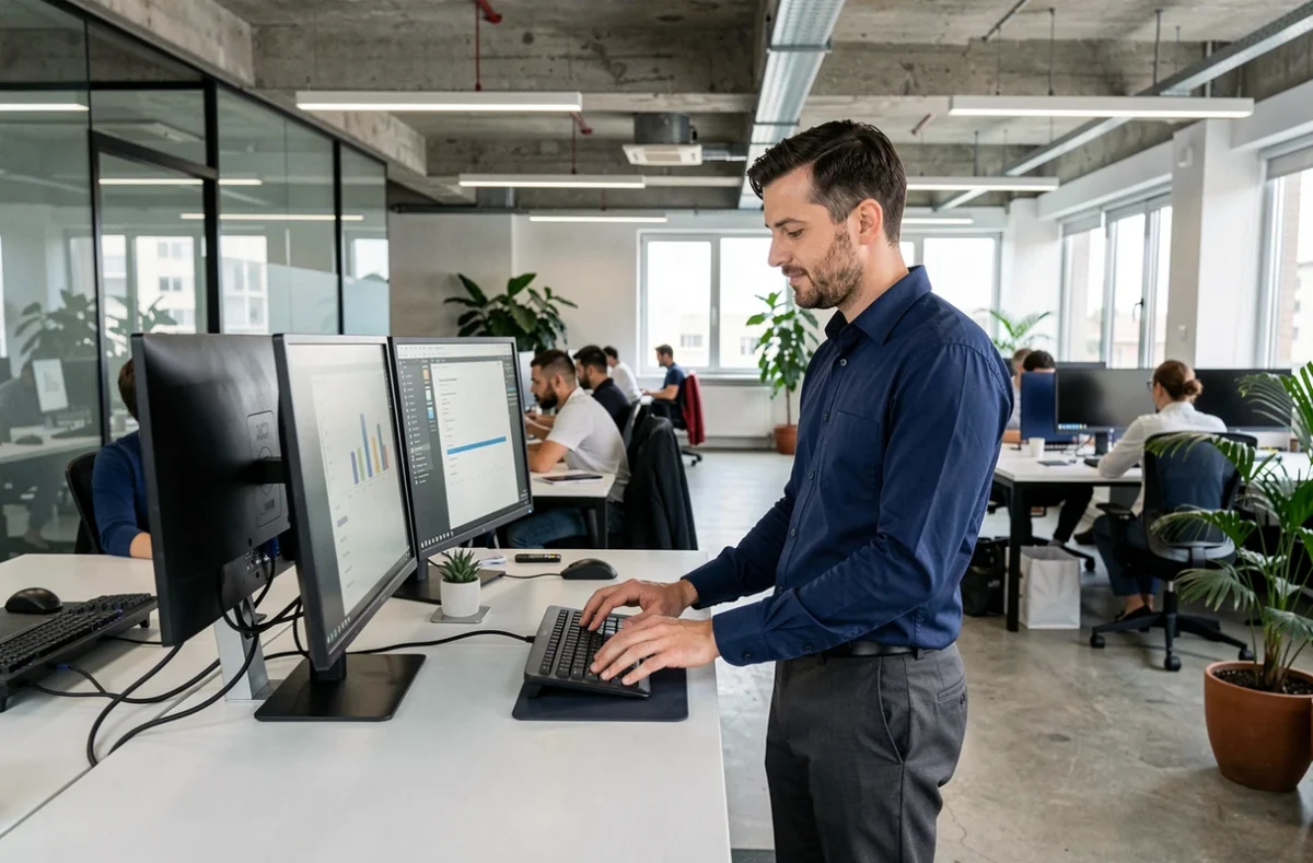 Homme professionnel utilisant un pad tactile sans fil dans un bureau moderne en open space