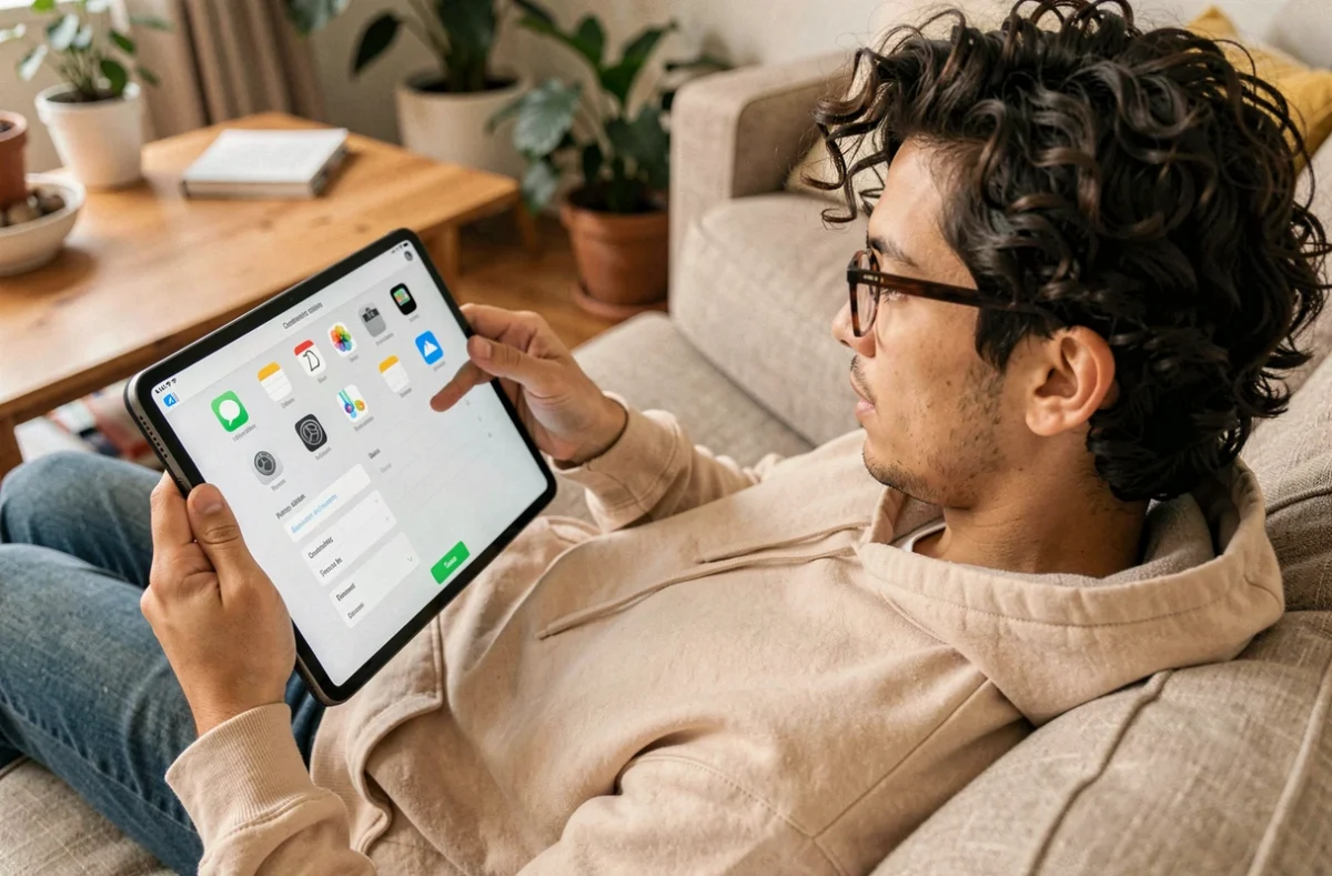 Personne naviguant dans les applications sur une tablette depuis un canapé à domicile