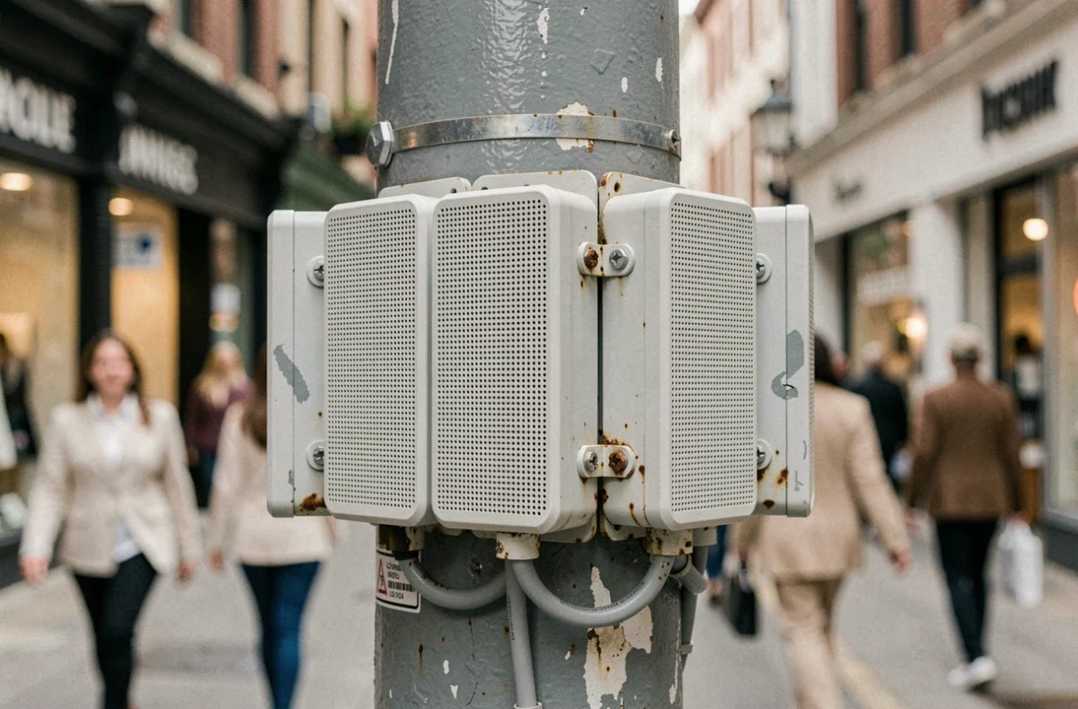 Petites cellules d'antennes 5G fixées sur un poteau urbain en rue piétonne, montrant l'installation dense pour augmenter la portée du réseau en ville