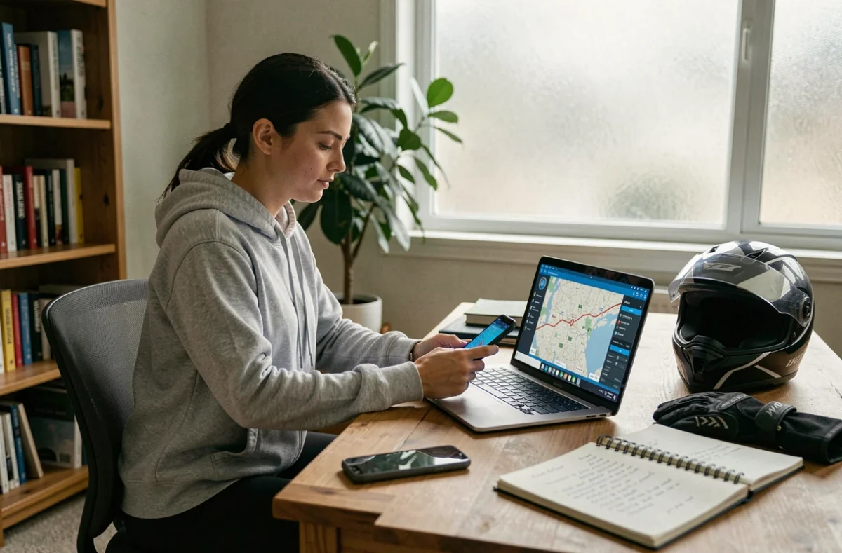 Femme planifiant un trajet moto sur ordinateur portable et smartphone à son bureau avec un casque posé à côté