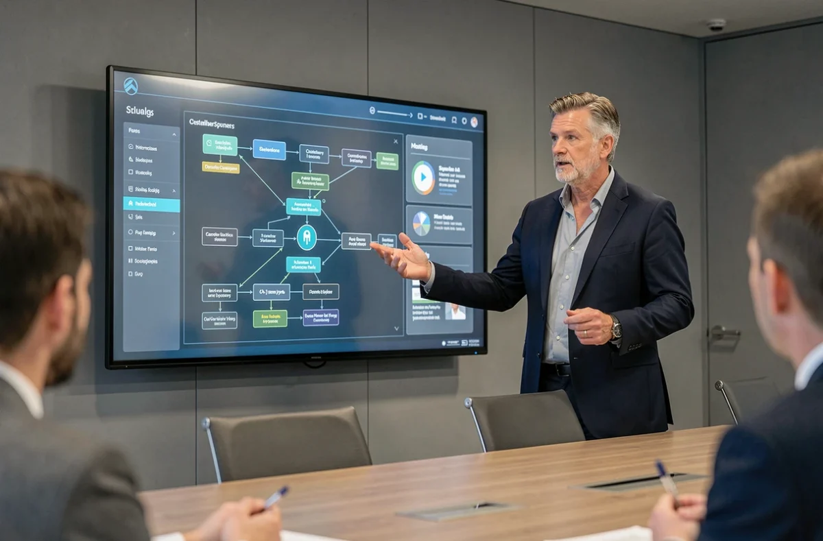 Un responsable marketing présentant des diagrammes d'intelligence artificielle sur un écran interactif lors d'une réunion d'équipe