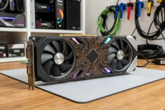 Carte graphique dernière génération posée sur un bureau d'atelier informatique avec dissipateur triple ventilateur et éclairage RGB