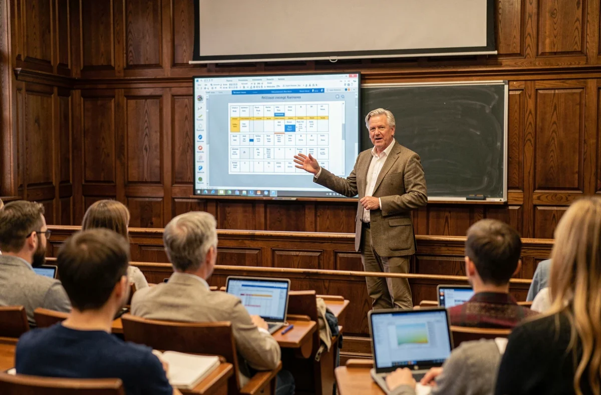 Professeur expliquant l'importance d'une matrice mathématique à des étudiants dans un amphithéâtre universitaire