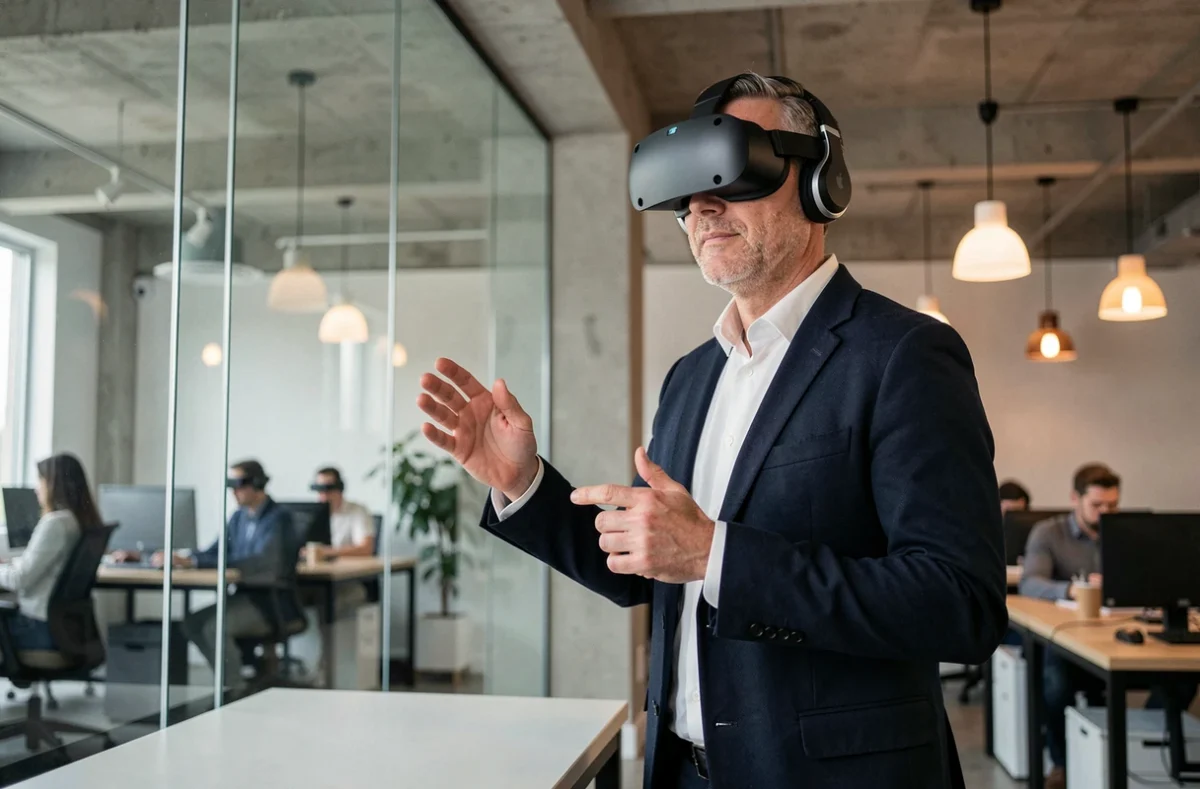 Professionnel portant le casque Apple Vision Pro dans un espace de coworking moderne, interagissant avec une interface spatiale