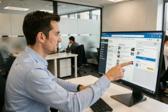 Professionnel IT masculin pointant un écran SharePoint affichant des flux RSS dans un bureau moderne en open space