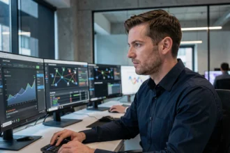 Professionnel en sécurité informatique analysant des tableaux de bord de protection des données sur plusieurs écrans dans un bureau moderne