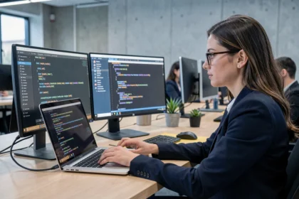 Professionnelle en cybersécurité analysant des alertes de sécurité sur deux écrans dans un bureau moderne