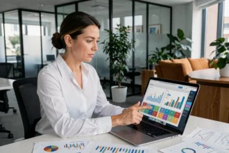 Une professionnelle du marketing analysant des tableaux de bord d'intelligence artificielle sur un ordinateur portable dans un bureau moderne