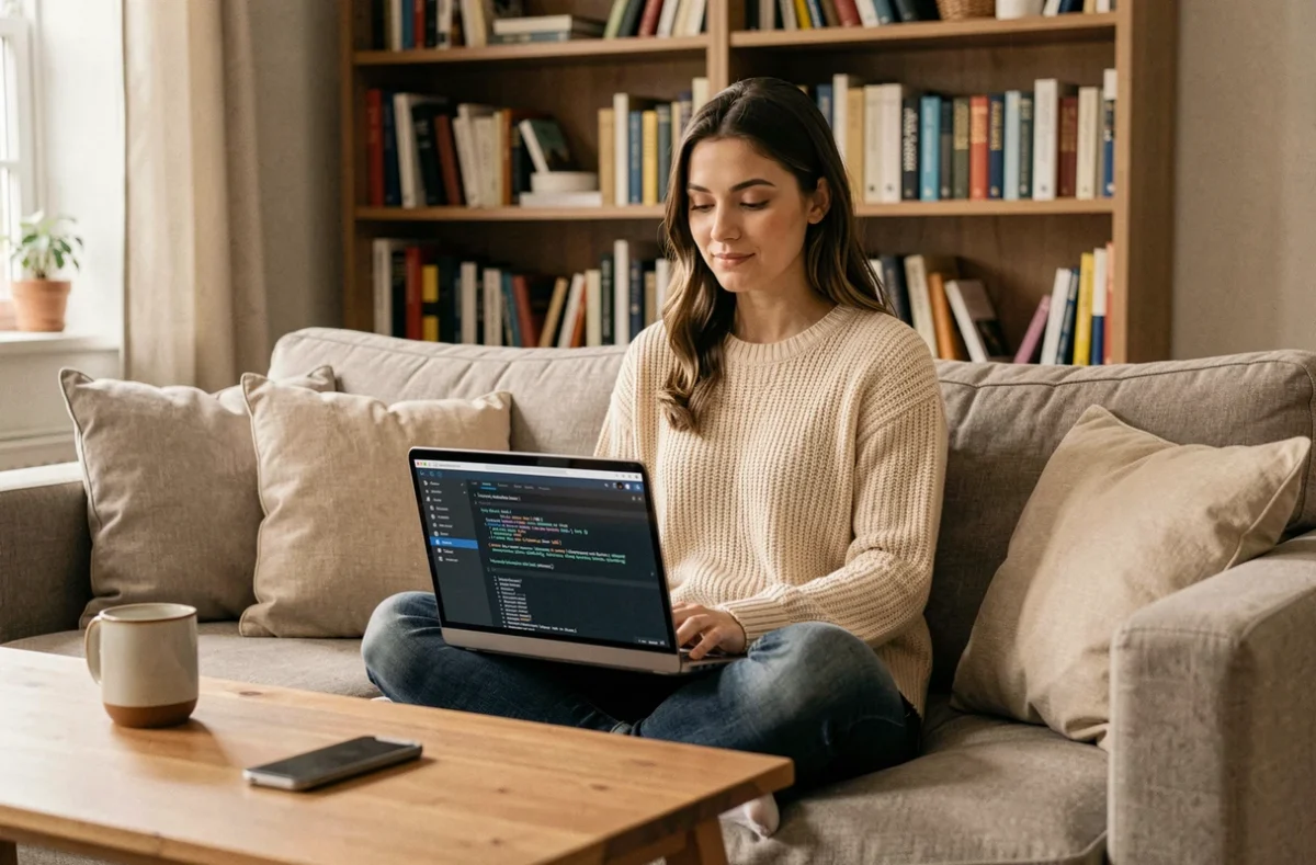 Jeune femme utilisant un logiciel de protection des données sur ordinateur portable chez elle, illustrant la protection numérique et la cybersécurité