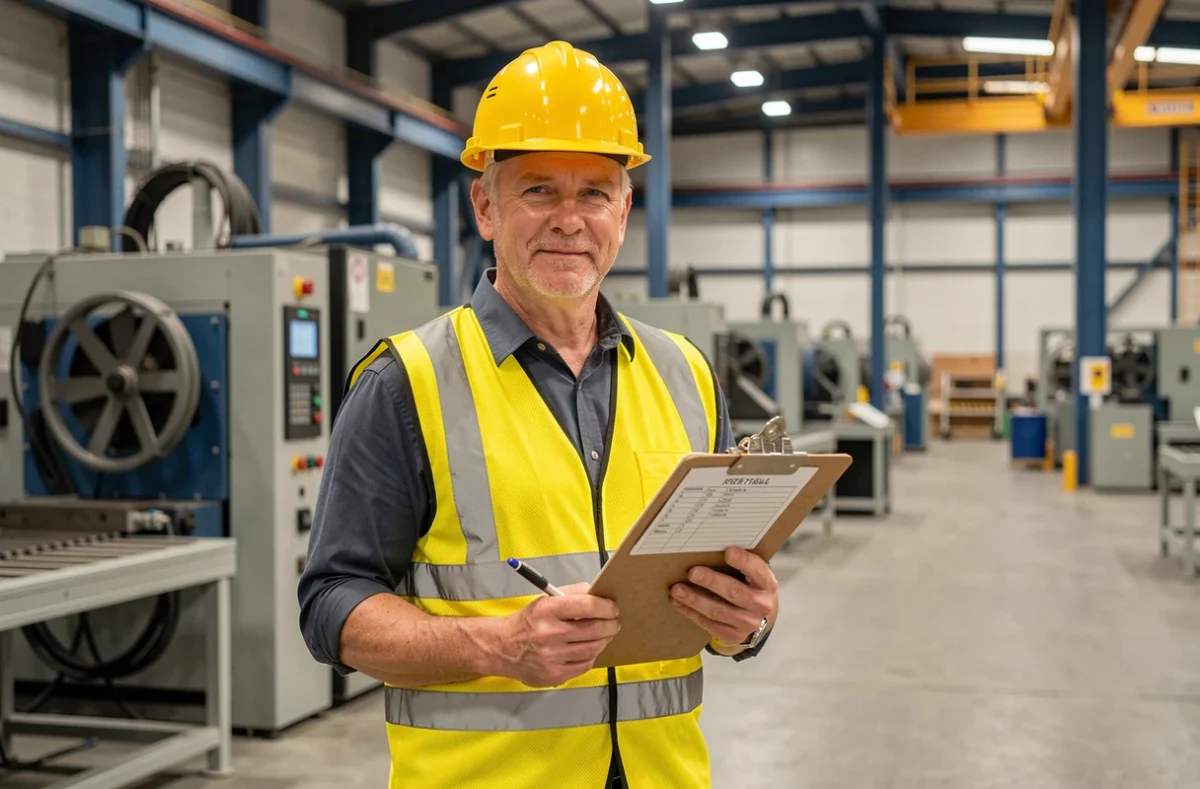 Travailleur industriel portant des équipements de protection individuelle dans une usine, illustrant la protection physique et la sécurité au travail