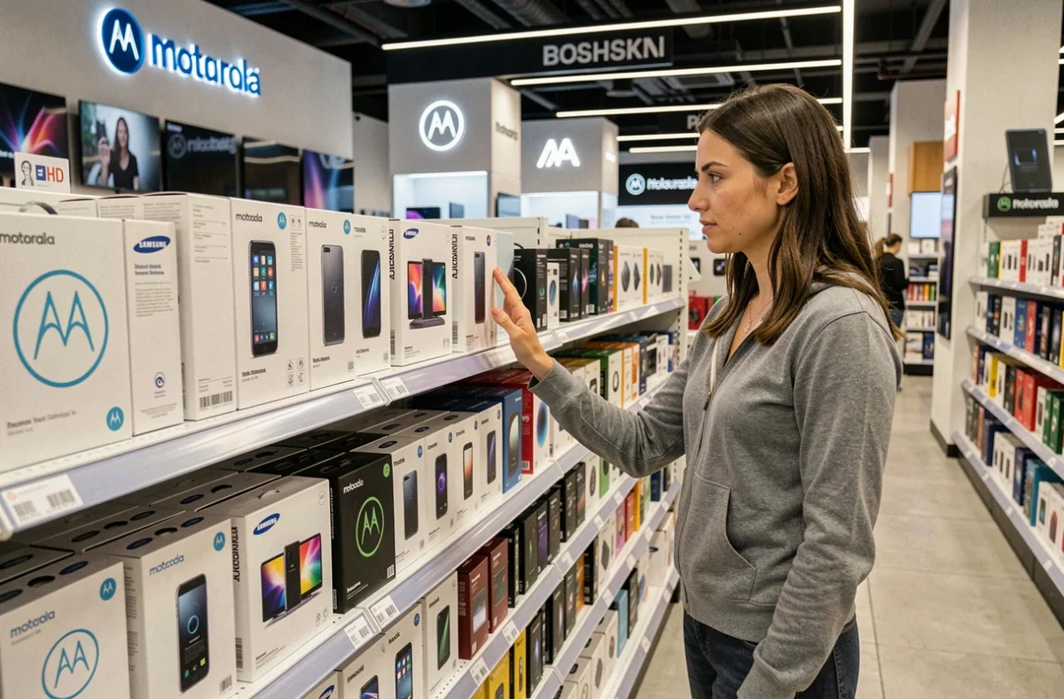 Femme choisissant un smartphone Motorola dans un rayon de téléphones d'un magasin électronique face aux produits Samsung