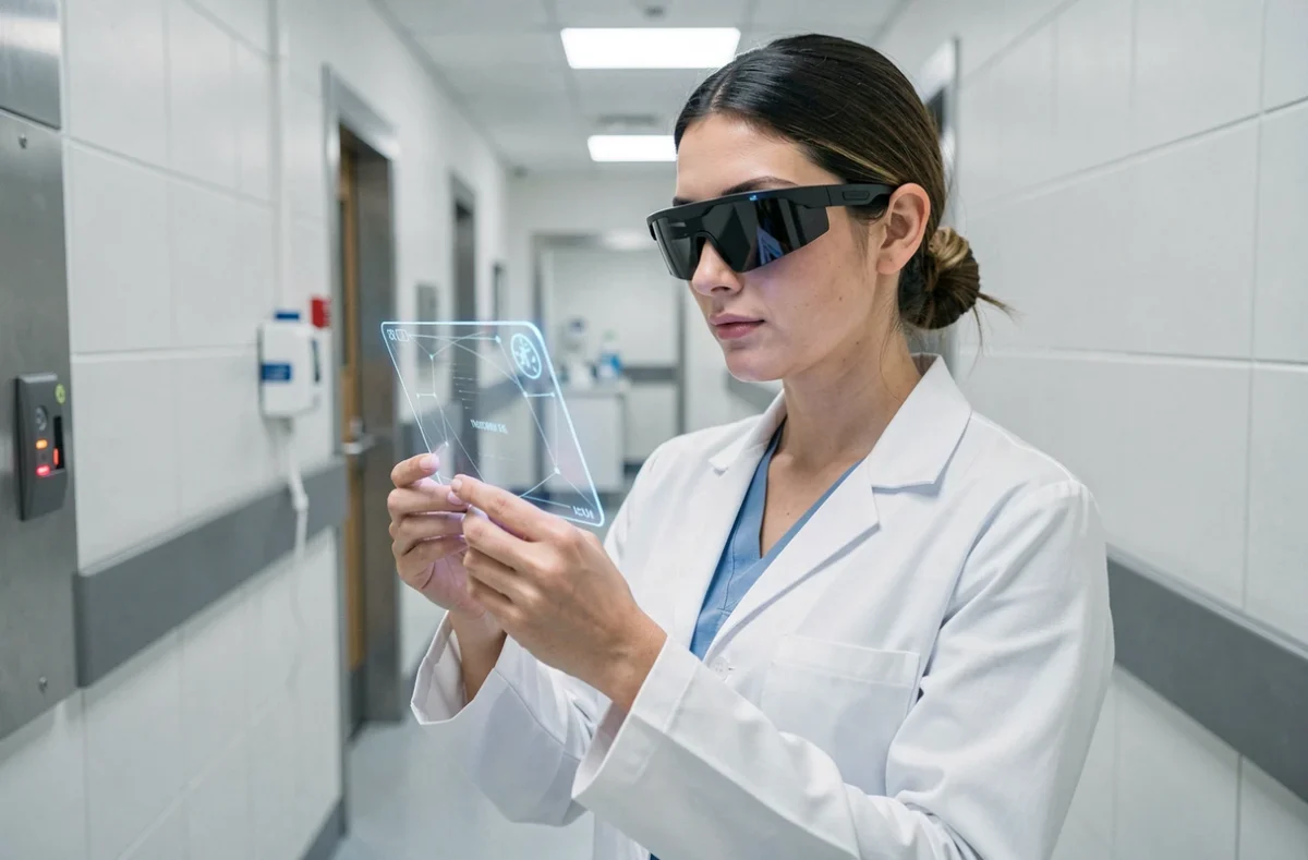 Femme médecin utilisant des lunettes de réalité augmentée dans un couloir hospitalier pour des applications médicales