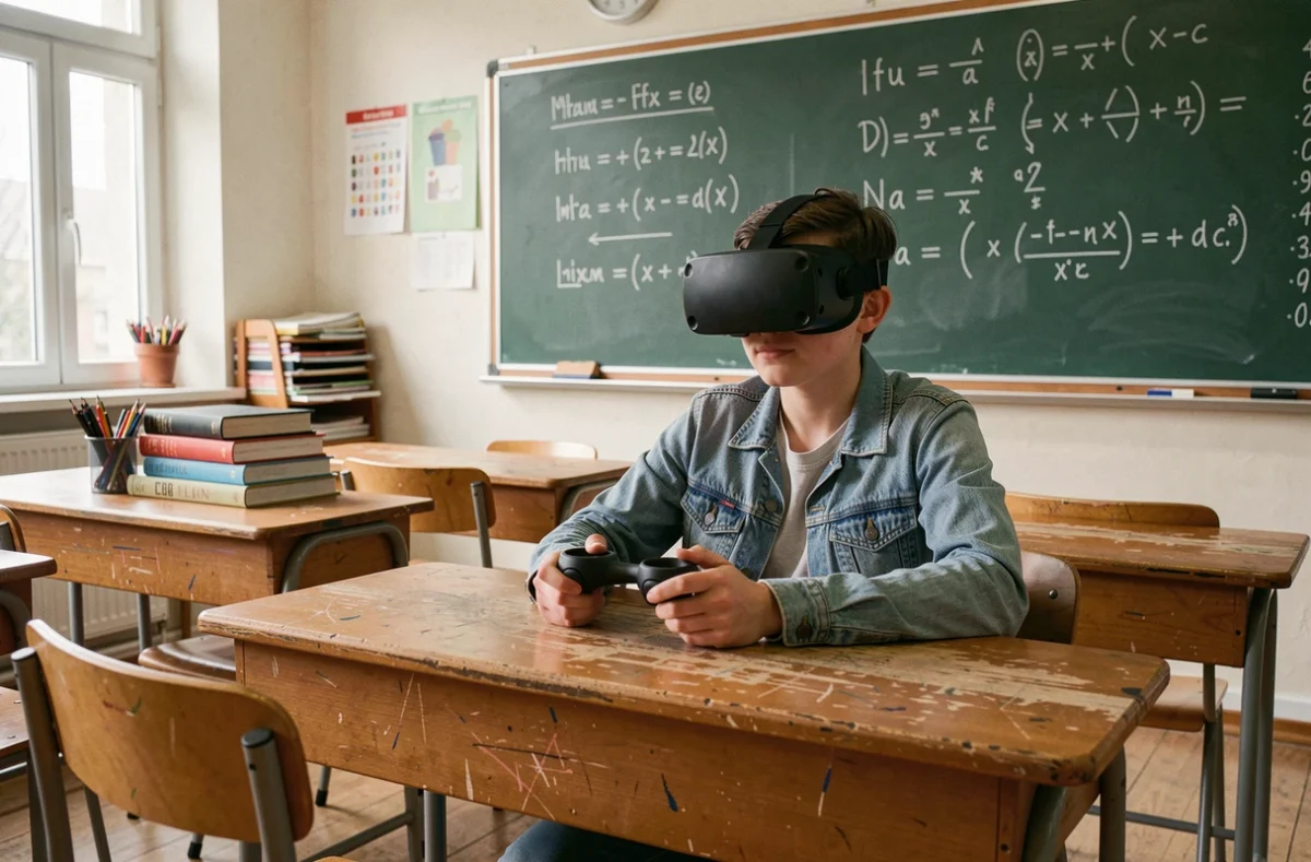 Élève adolescent utilisant un casque de réalité virtuelle en salle de classe pour une expérience d'apprentissage immersif