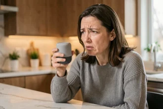Femme frustrée utilisant un assistant vocal à commande vocale qui ne répond pas correctement dans une cuisine moderne