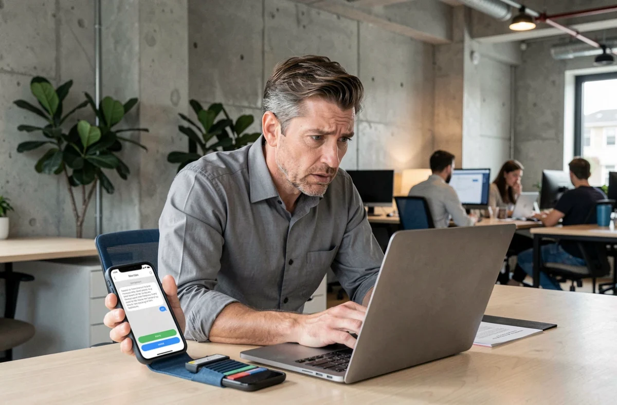 Homme en open space consultant son smartphone après un résultat de recherche vocale infructueux