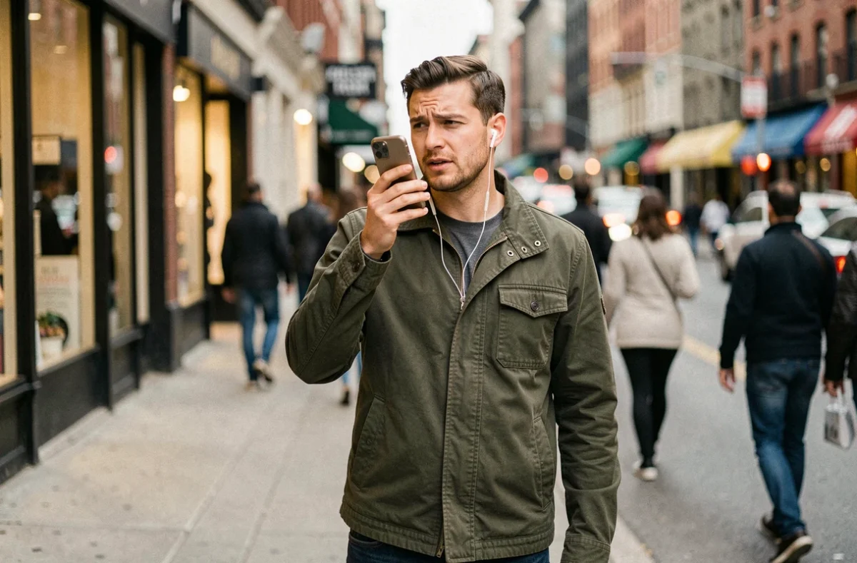 Jeune homme dans la rue utilisant la recherche vocale sur smartphone sans obtenir de résultat pertinent