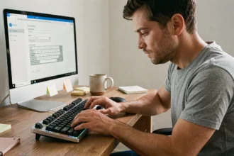 Homme consultant les paramètres de clavier QWERTY sur un ordinateur dans un bureau à domicile