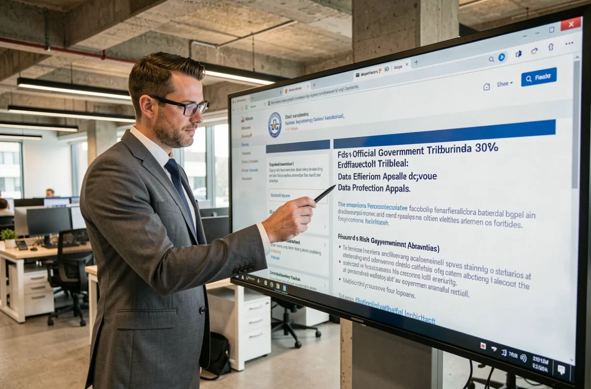 Un professionnel consulte le site officiel du tribunal de l'ICO sur un écran tactile pour préparer un recours en matière de protection des données