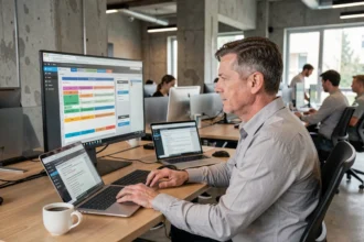 Professionnel IT analysant une base de données relationnelle sur écran en open space moderne, illustrant la migration depuis Microsoft Access