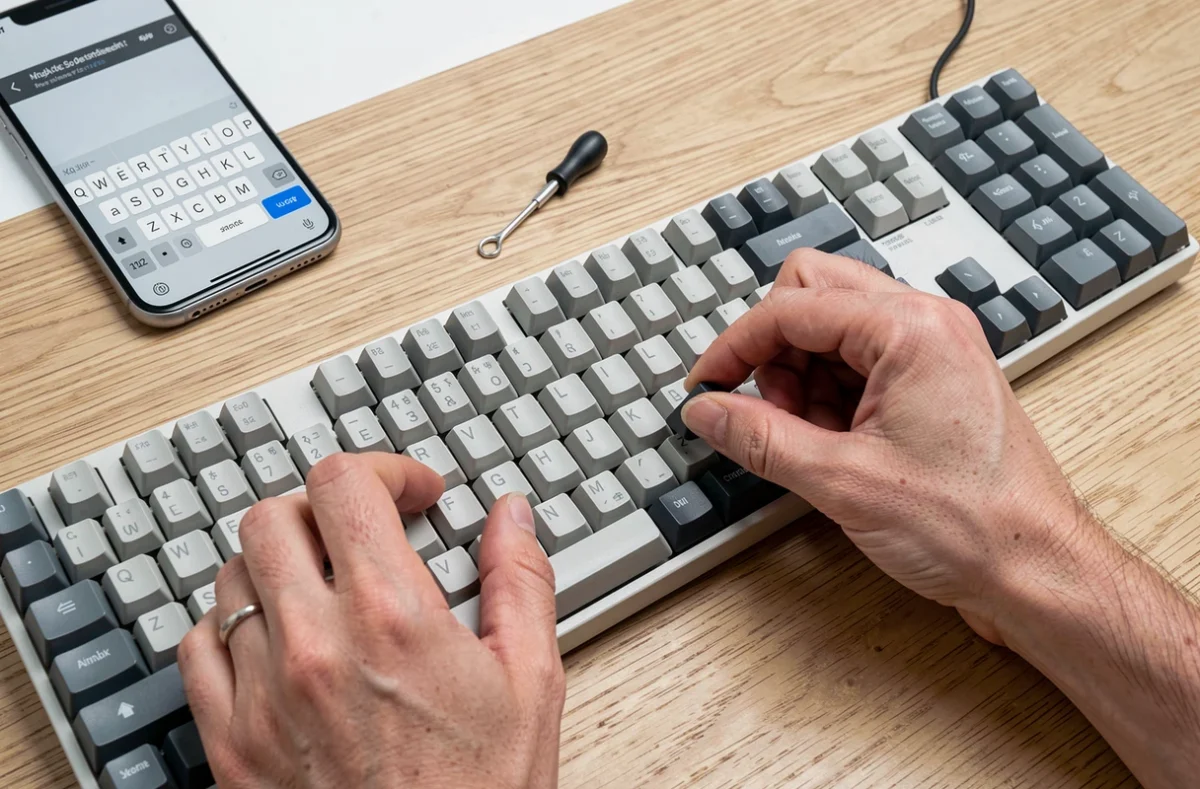 Gros plan sur des mains repositionnant les touches d'un clavier mécanique pour passer en disposition QWERTY