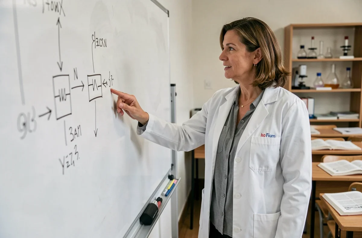 Professeure de physique expliquant le rôle d'une résistance électrique devant un tableau blanc