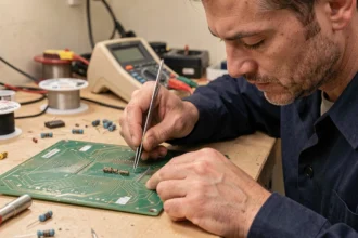 Ingénieur électronicien plaçant une résistance sur un circuit imprimé avec des pinces métalliques
