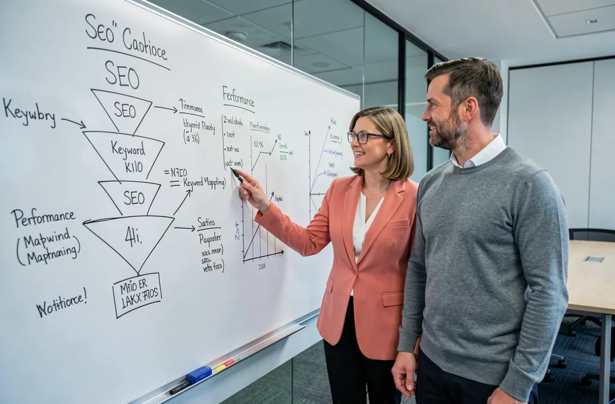 Deux professionnels du marketing digital discutant des indicateurs de performance SEO devant un tableau blanc en salle de réunion