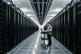 Immense salle de serveurs d'un data center avec des rangées de racks noirs et des voyants LED clignotants, illustrant la taille d'un des plus grands centres de données au monde