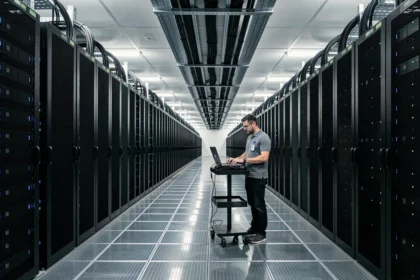 Immense salle de serveurs d'un data center avec des rangées de racks noirs et des voyants LED clignotants, illustrant la taille d'un des plus grands centres de données au monde