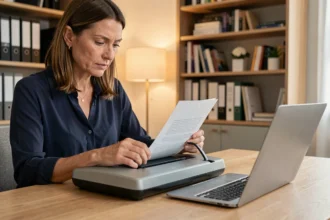 Femme professionnelle scannant un document papier avec un scanner à plat pour le rendre lisible par OCR