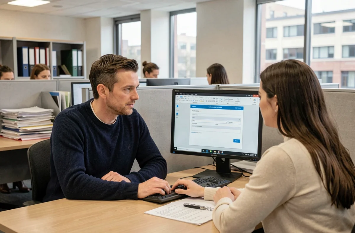Deux professionnels consultant un formulaire de signalement Crip en ligne dans un bureau administratif