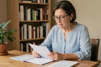 Femme adulte remplissant un formulaire de signalement administratif à son bureau à domicile