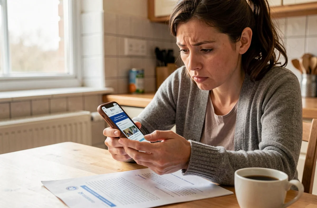 Femme consultant le site officiel pour effectuer un signalement Crip depuis son domicile avec un smartphone