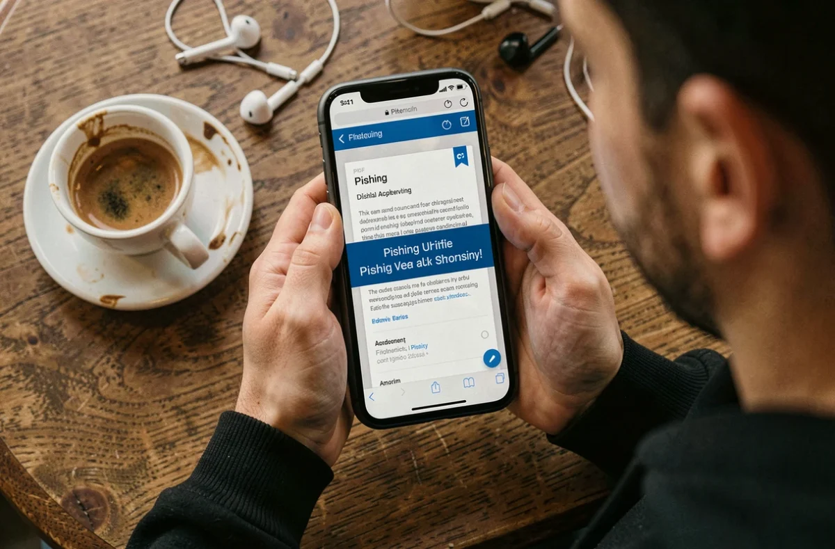 Gros plan sur un smartphone affichant un avertissement de phishing après ouverture d'un PDF dans un café