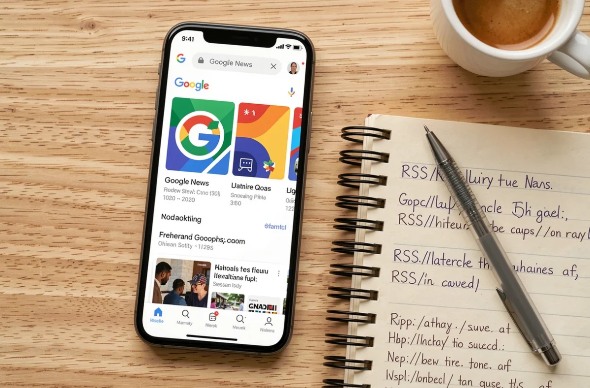 Vue de dessus d'un smartphone affichant Google News avec des notes manuscrites sur un flux RSS
