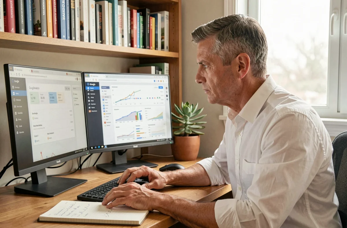 Spécialiste en marketing digital analysant des rapports CRM et Google Analytics dans un bureau à domicile