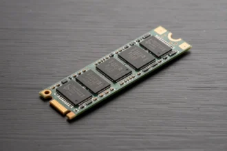 Disque SSD NVMe M.2 dernière génération posé sur une surface en aluminium brossé, montrant les puces de mémoire NAND et le connecteur doré