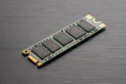 Disque SSD NVMe M.2 dernière génération posé sur une surface en aluminium brossé, montrant les puces de mémoire NAND et le connecteur doré