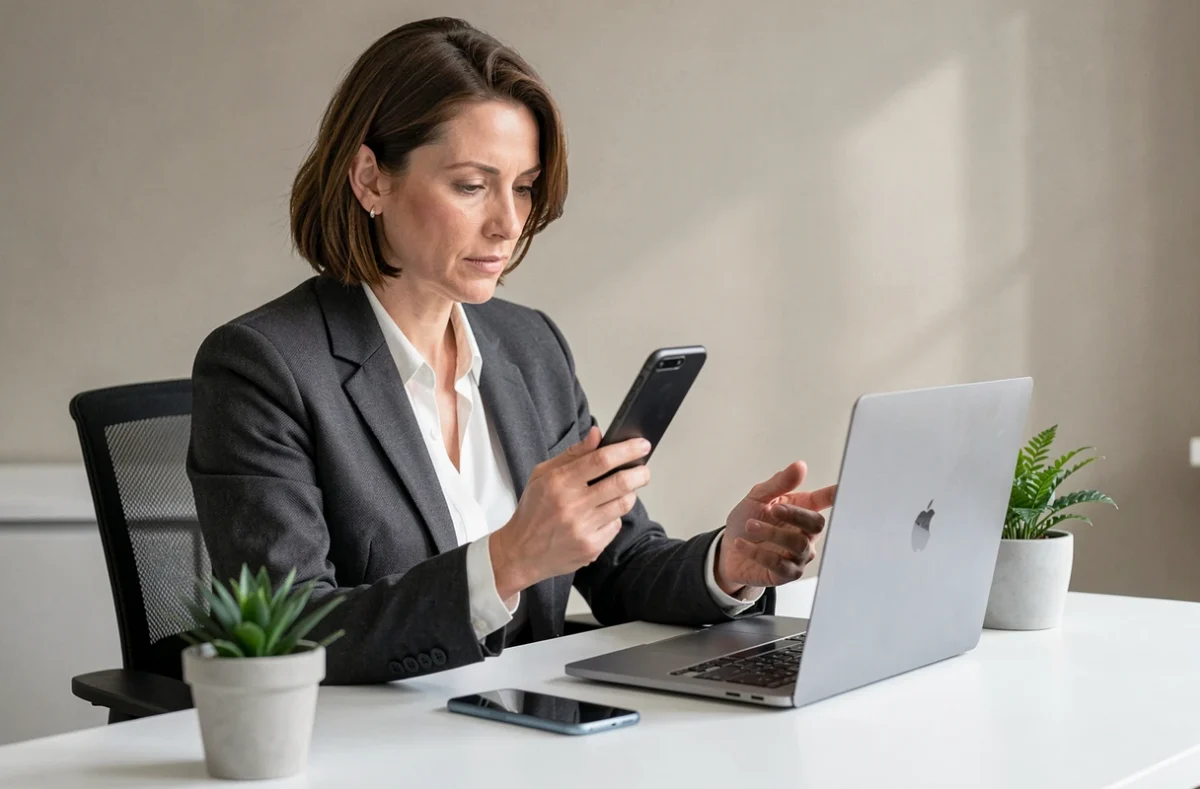 Femme comparant l'expérience utilisateur entre ordinateur portable et smartphone dans un bureau à domicile, stratégie mobile first