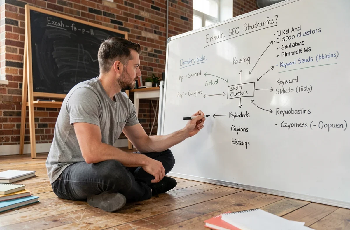 Homme élaborant une stratégie de référencement naturel sur un tableau blanc dans un espace de coworking