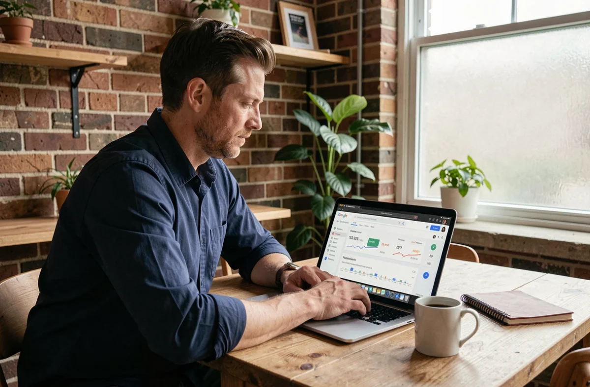 Homme consultant les données de positionnement SEO sur un ordinateur portable dans un espace de travail informel