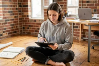 Jeune femme utilisant une tablette graphique pad pour dessiner dans un studio créatif