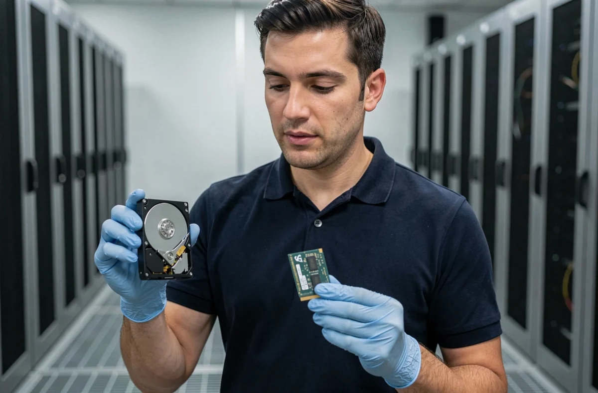 Technicien informatique comparant un disque dur HDD et un SSD NVMe dans une salle de serveurs professionnelle